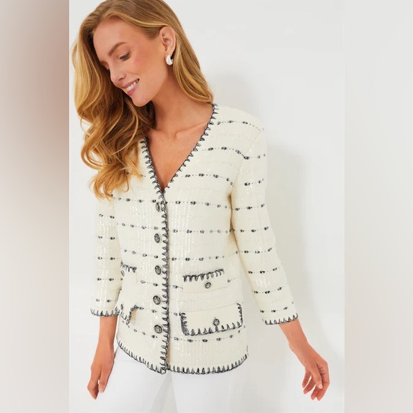 VERONICA BEARD ceriani sequined knit jacket in off white - Picture 1 of 5